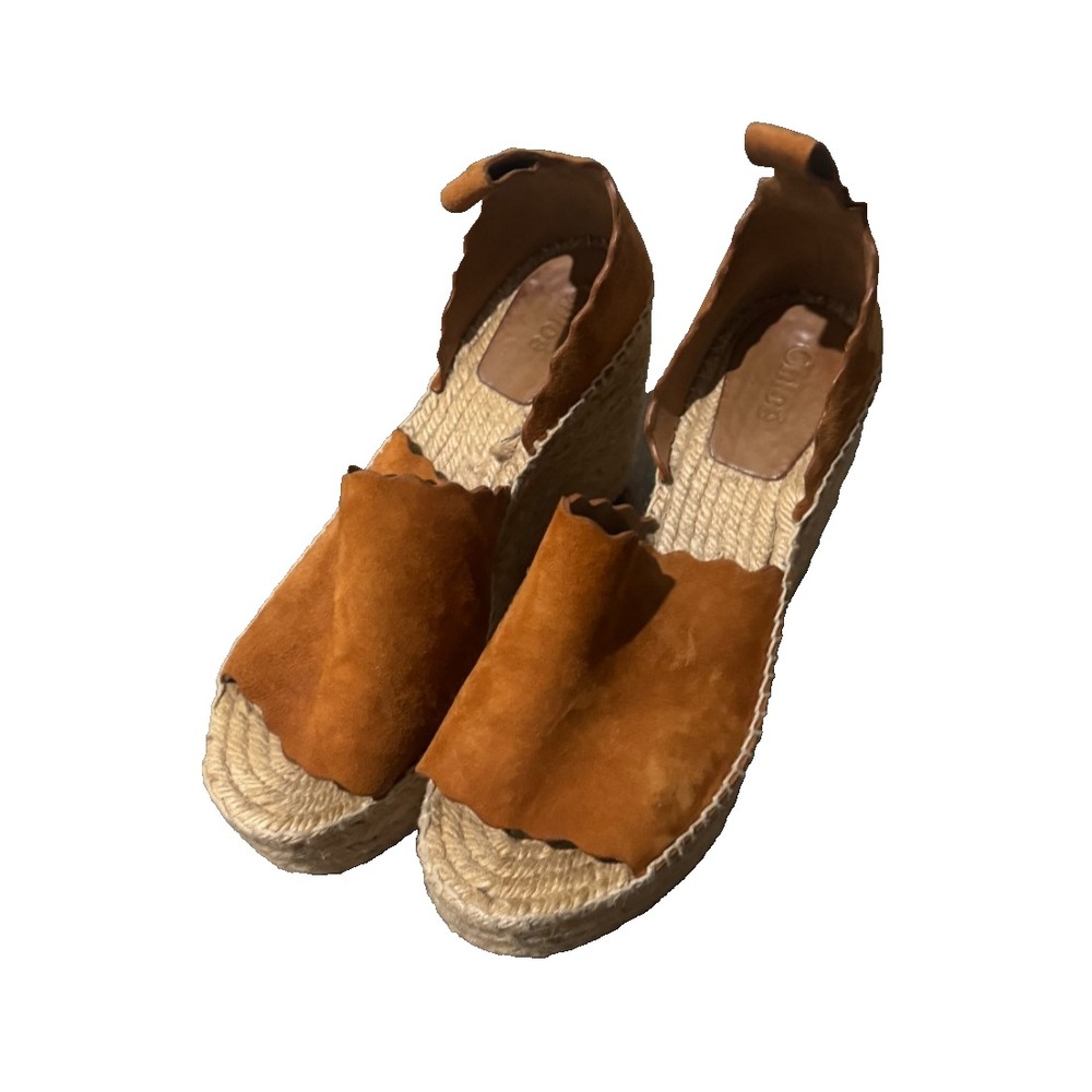 Chloe Lauren Scalloped Suede Espadrille Wedge Sandals Tan Brown US 7 NO STRAPS
